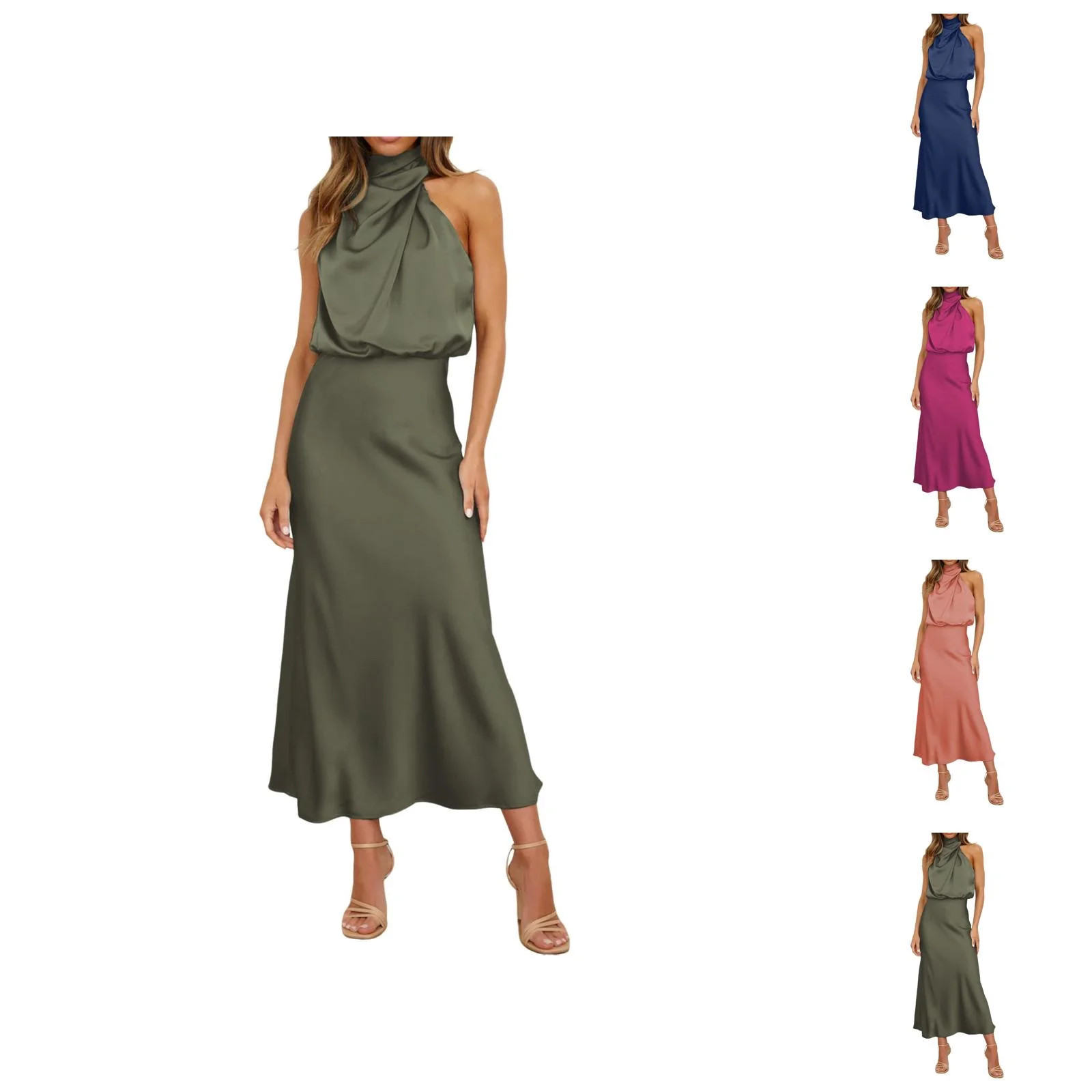 Halter Dresses for Women Summer Elegant Sleeveless Zip Back Flowy Maxi Dress Evening Gown Wedding Guest Dress | Walmart (US)