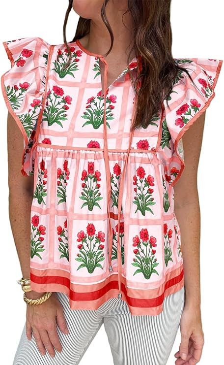 Amazon.com: Cicy Bell Womens Floral Peplum Babydoll Tops Ruffle Cap Sleeve V Neck Blouses Summer ... | Amazon (US)