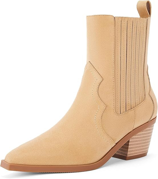 Coutgo Womens Western Pointed Toe Ankle Booties Chunky Stacked Heel Chelsea Boots Cowboy Elastic ... | Amazon (US)