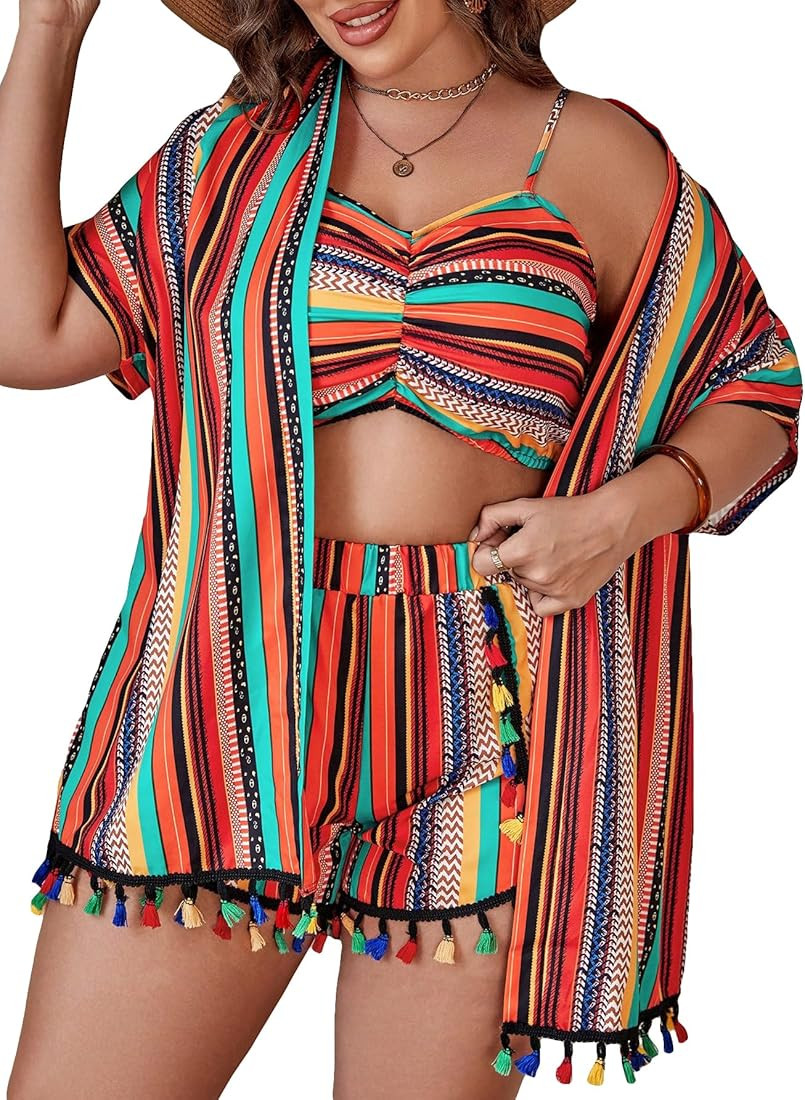 Verdusa Women's 3 Piece Outfits Short Sleeve Open Front Kimono and Boho Cami Top and Tassel Trim ... | Amazon (US)
