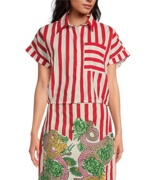 Red Stripe Dragon Print Camp Collar Short Sleeve Button Front Coverup Top | Dillard's