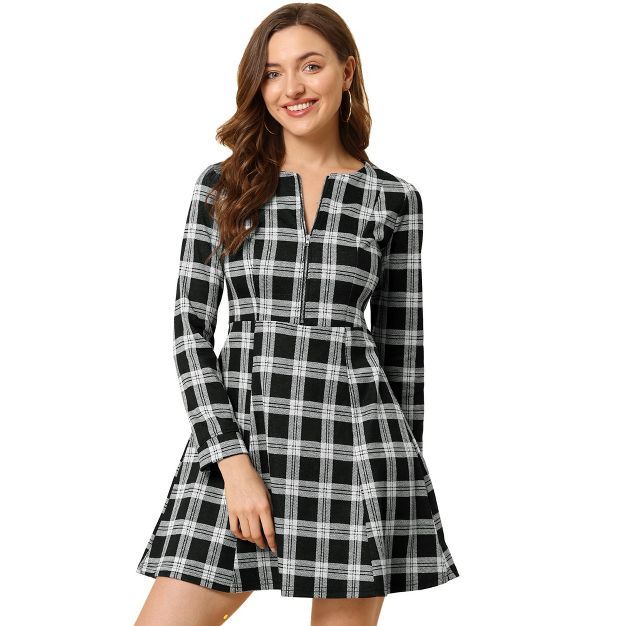 Allegra K Women's Vintage Plaid Houndstooth Long Sleeve Office Zip Front Flare Mini Dress | Target