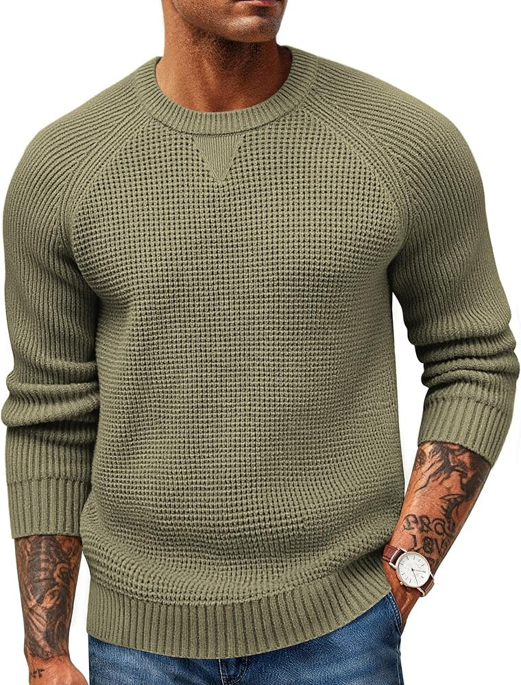 PJ PAUL JONES Mens Crewneck Sweater Waffle Knitted Pullover Sweaters Raglan Sleeve Knitwear Sweat... | Amazon (US)