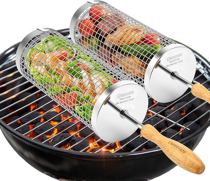 Rolling Grill Baskets,Removable Wooden Handle,304 Stainless Steel,Grill Accessories for Veggies S... | Amazon (US)