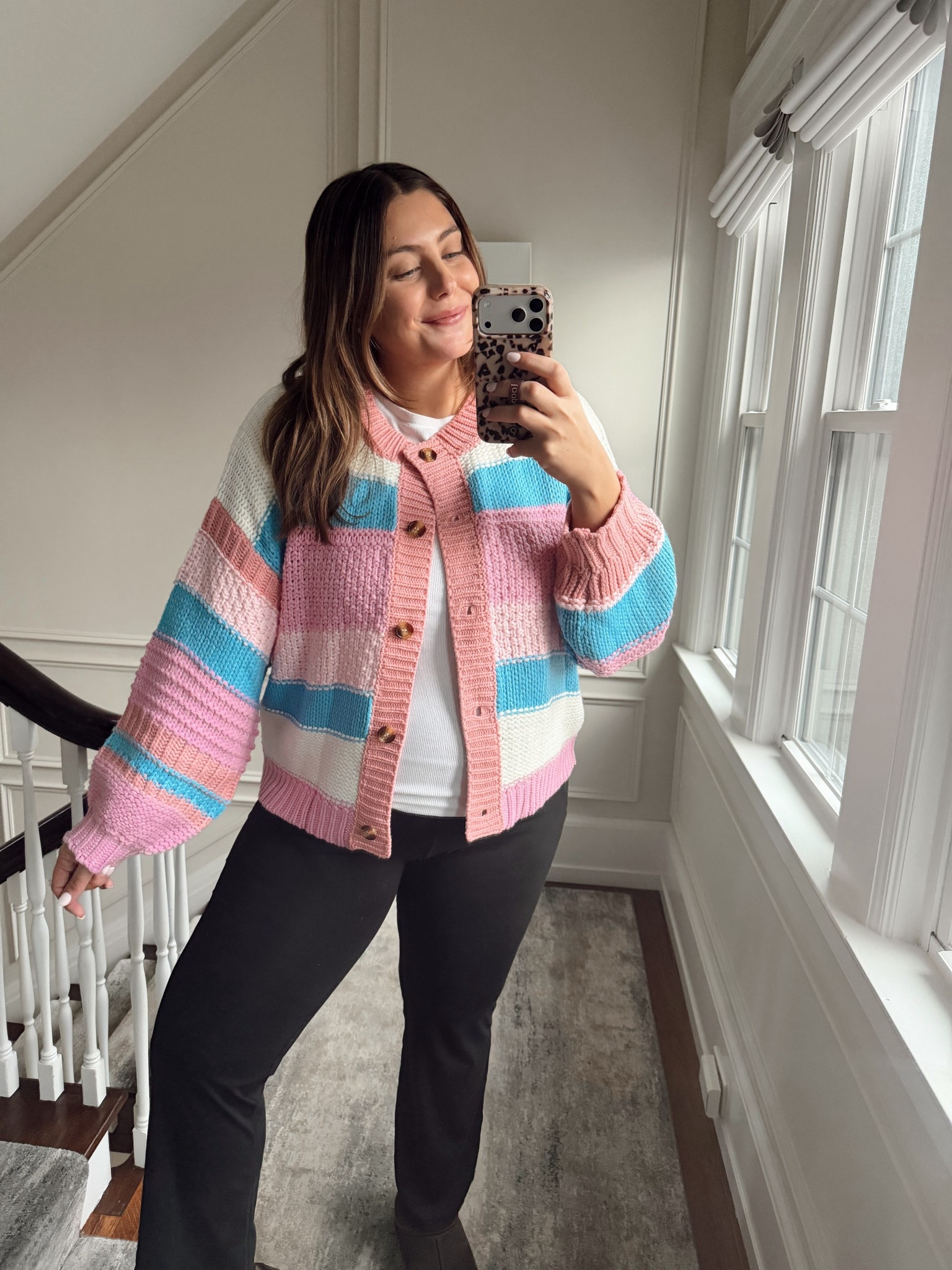 Fun spring sweater! Wearing size Axxl in cardigan, XXL Tall in tank, XL in maternity flare leggings - sharing non-maternity styles. 

#LTKMidsize #LTKootd #LTKSeasonal