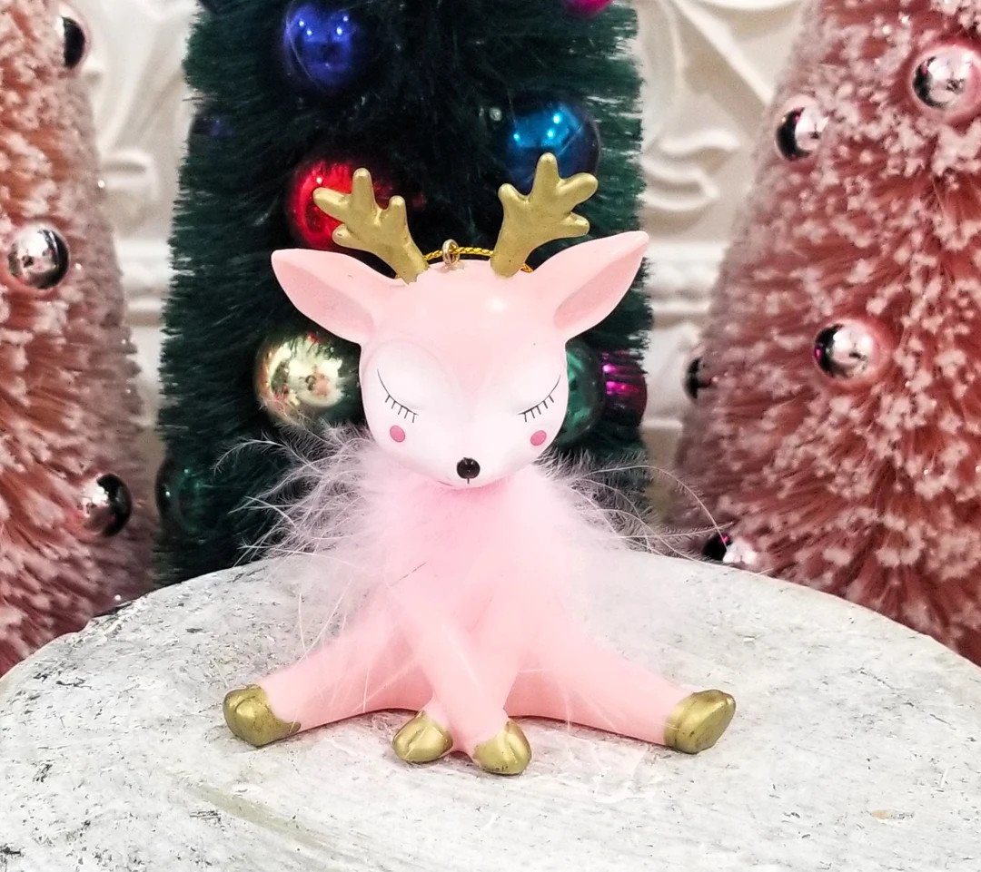 Pink Retro Reindeer Feathered Christmas Ornament Vintage - Etsy | Etsy (US)