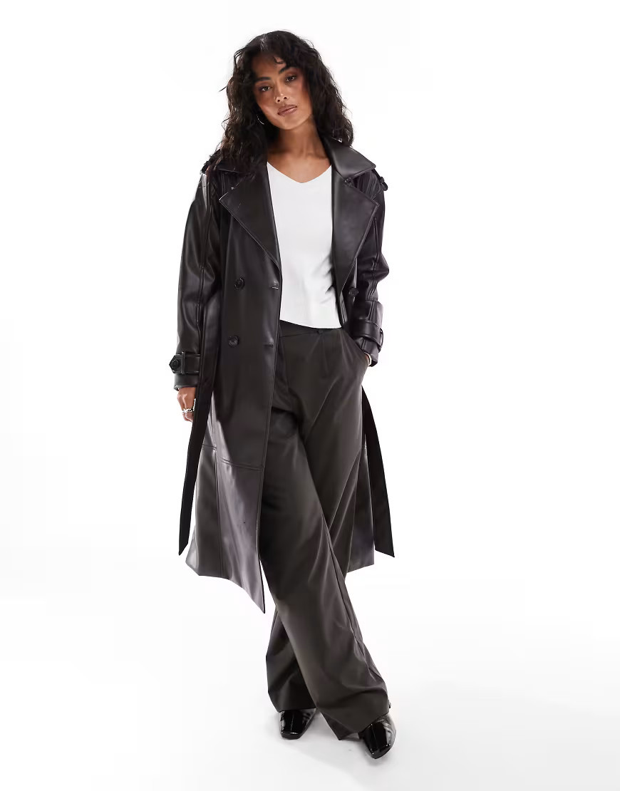Pull&Bear belted faux leather trench coat in dark brown | ASOS (Global)