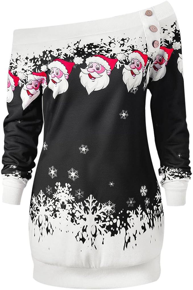 DEZZAL Women's Skew Neck Christmas Santa Claus Snowflake Pullover Sweatshirt | Amazon (US)