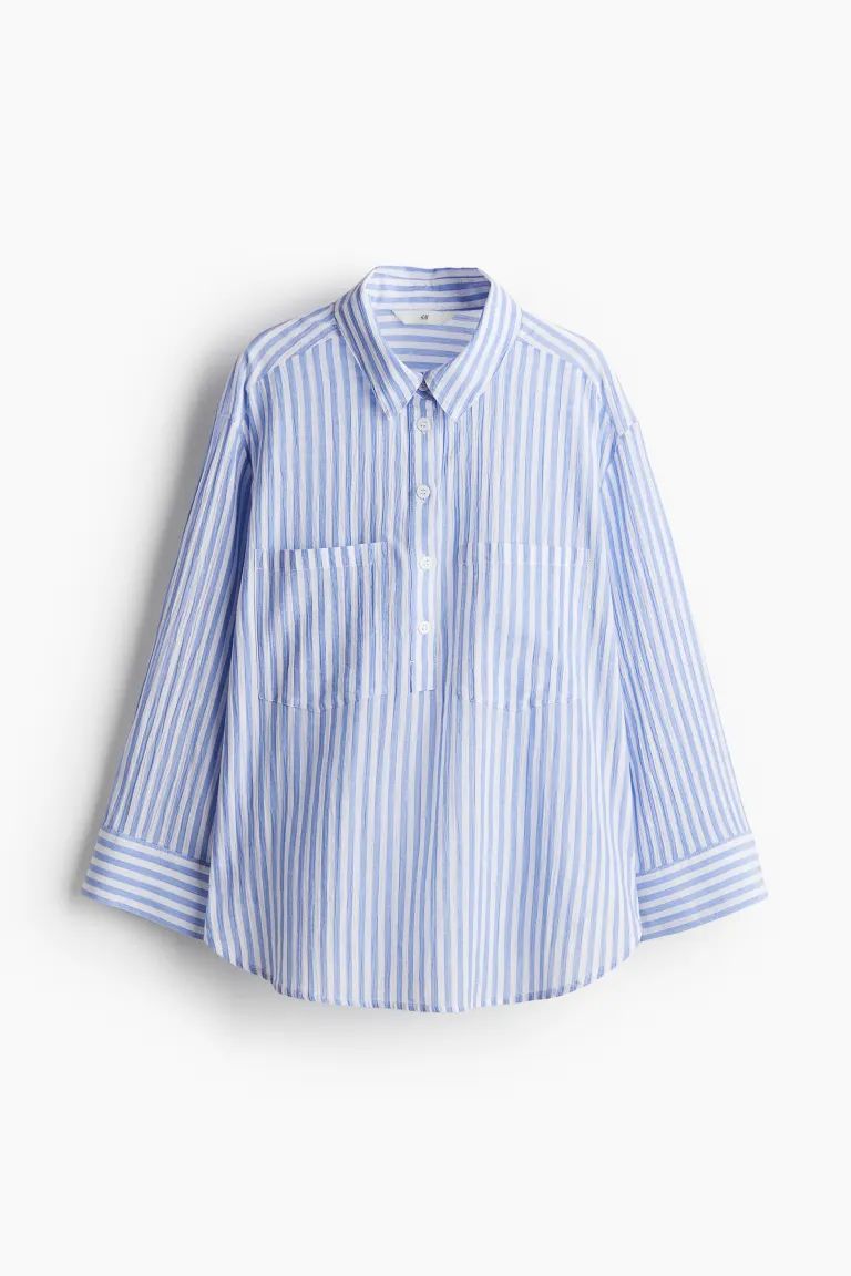 Pullover Muslin Shirt - 3/4 sleeve - Regular length - Blue/striped - Ladies | H&M US | H&M (US + CA)