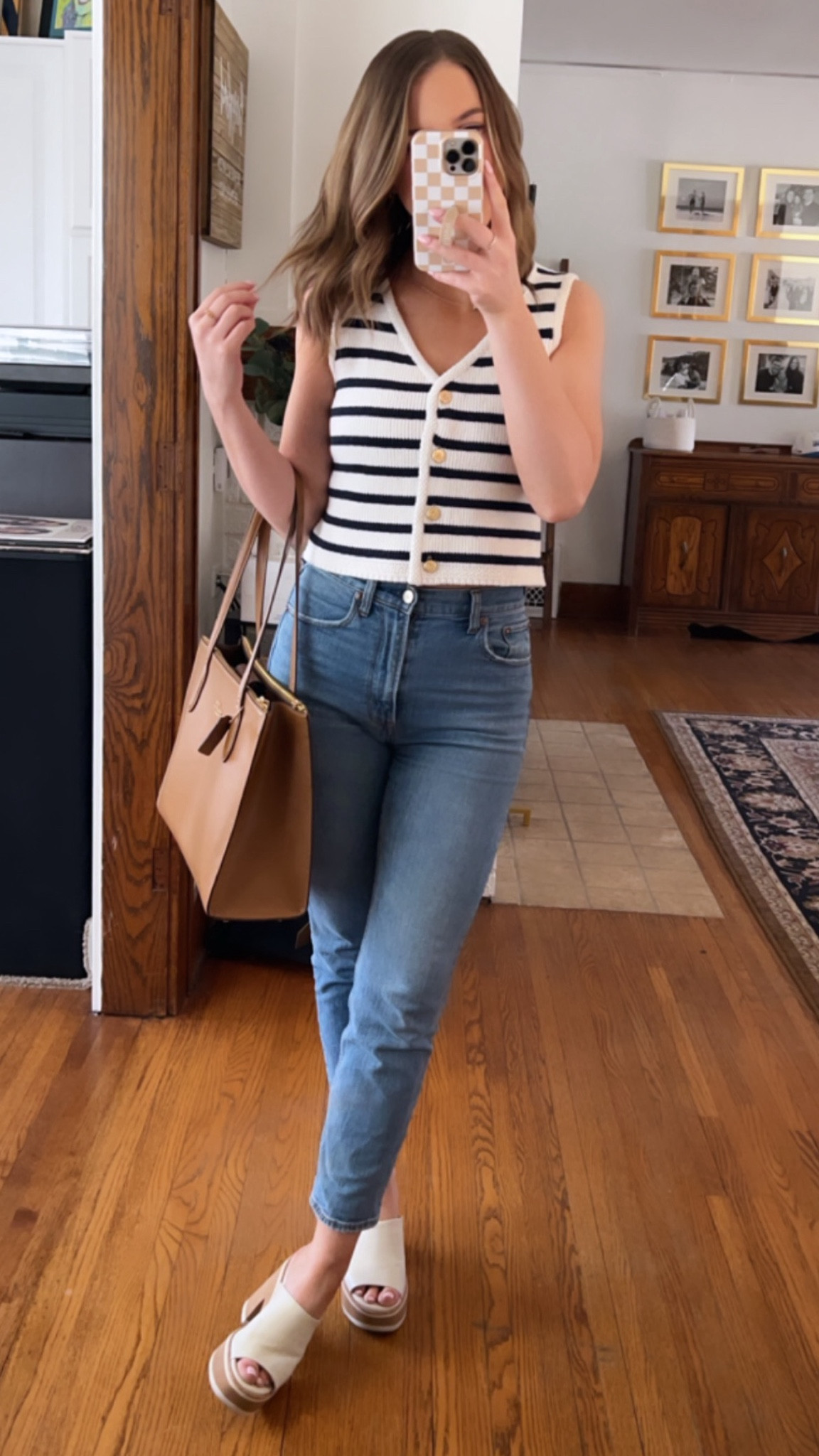 Abercrombie Mara Button Up Sweater Vest (tts - small), Abercrombie ankle straight jeans in medium wash (tts - 26), Dolce Vita Emery Ivory heels, coach tote 

#LTKfindsunder100 #LTKSeasonal #LTKstyletip