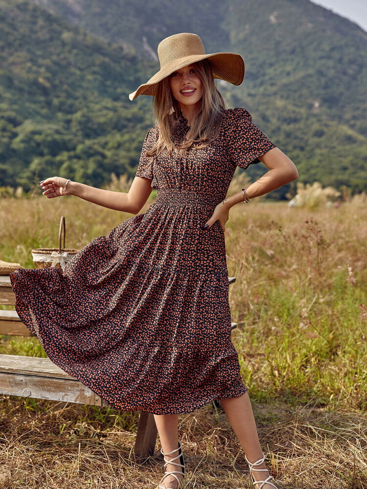 Ditsy Floral Print Shirred Waist Ruffle Hem Dress | SHEIN