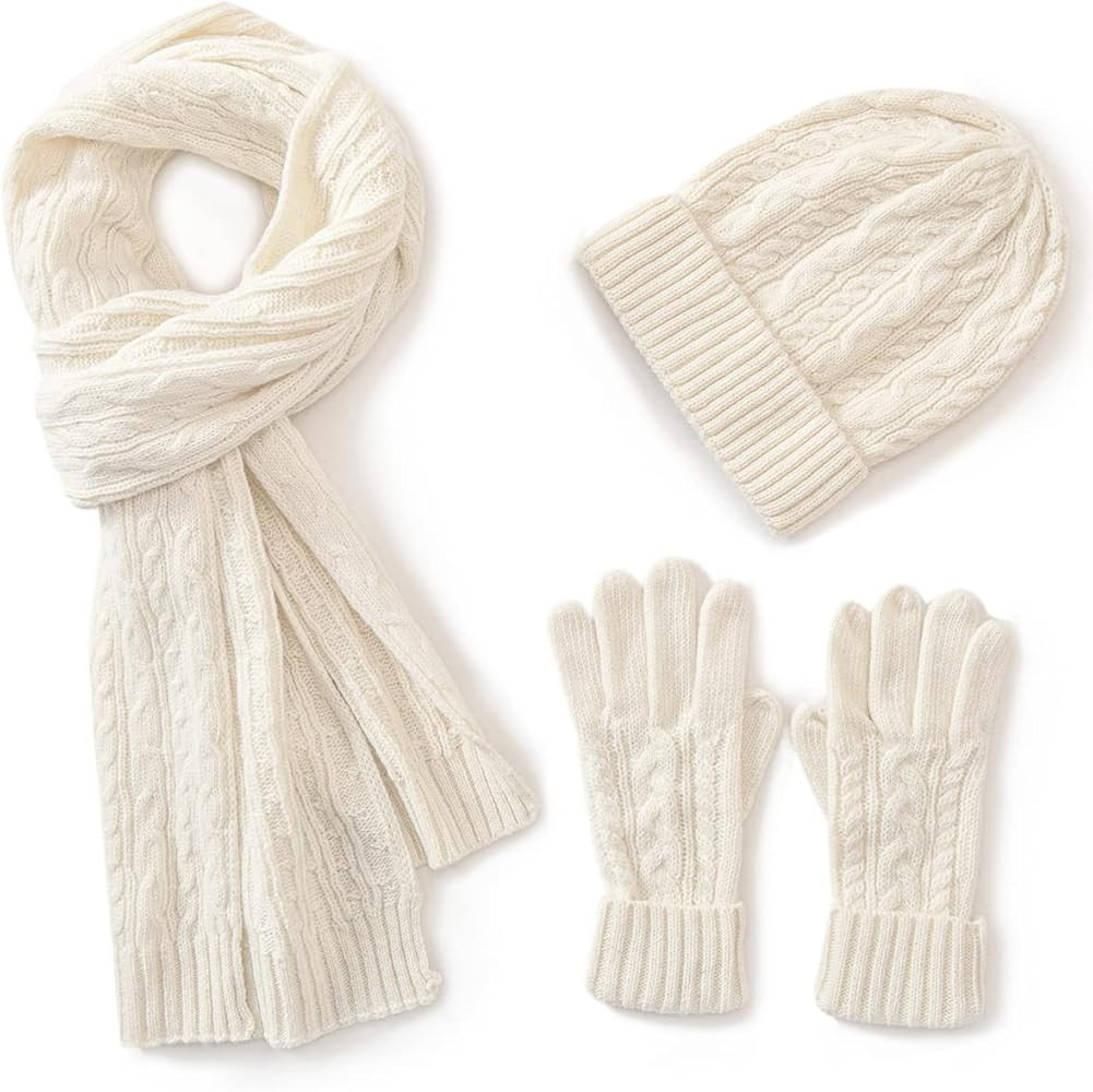 Villand 3 in 1 Womens Wool Hat Gloves & Scarf Winter Set, 3 Piece Cable Knitted Beanie Hat for Wo... | Amazon (UK)