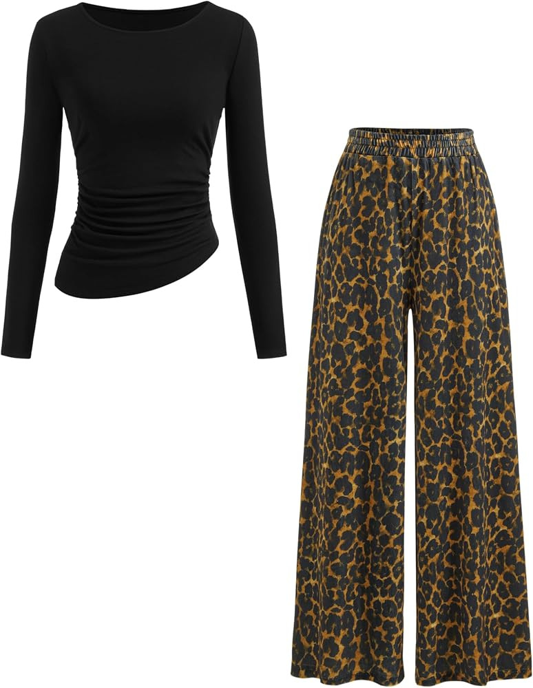 CIDER Womens Leopard Print Wide Leg Pants High Waist Casual Trousers | Amazon (US)
