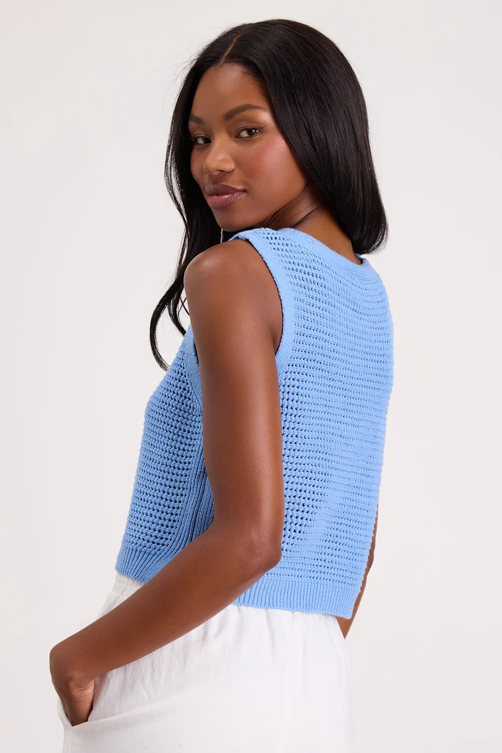 Aesthetic Ease Blue Pierced Knit Button-Front Cropped Tank Top | Lulus