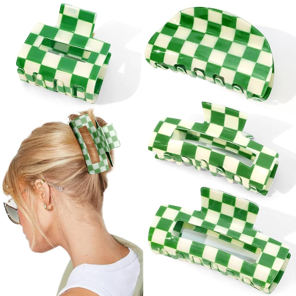 CHANACO Checkered Claw Clip Checkered Hair Clip Large Claw Clips for Thick Hair Green Tortoise Ba... | Amazon (US)