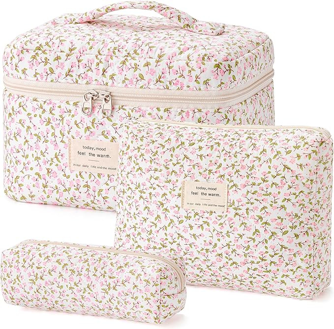 HBselect Quilted Makeup Bag, 3PCS Cotton Large Travel Makeup Bag, Cute Floral Coquette Make up Ba... | Amazon (US)