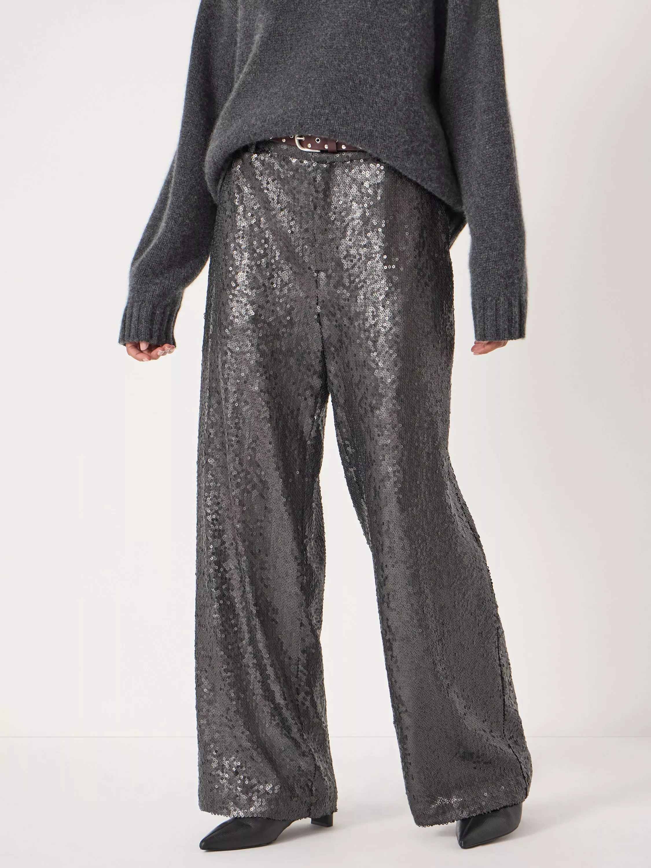 HUSH Sequin Wide Leg Trousers, Charcoal Grey | John Lewis (UK)
