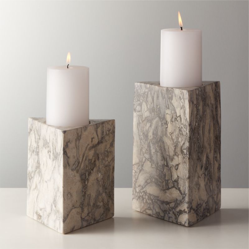 Trig Grey Marble Pillar Triangle Candle Holders | CB2 | CB2