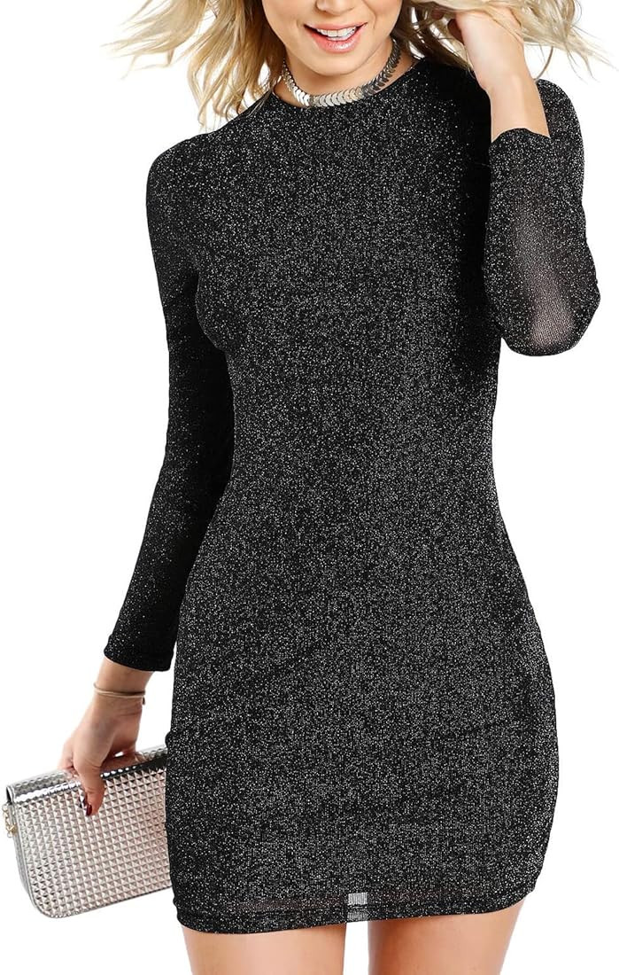 Amazon.com: Floerns Women's Long Sleeve Basic Party Sheer Mesh Glitter Bodycon Mini Dress A Black... | Amazon (US)