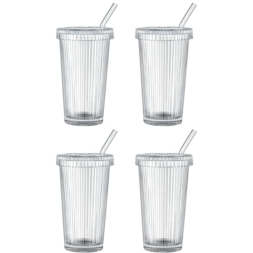 BenRain Ribbed Glass Cups with Lids and Straws, 12 oz Glass Tumbler with Straw, Ribbed Glasses Set of 4, Irish Coffee Glasses for Home Decor, Birthday Gifts for Women (4, Clear) | Amazon (US)