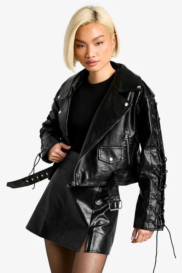 Lace Up Detail Oversized Faux Leather Biker Jacket | boohoo (US & Canada)