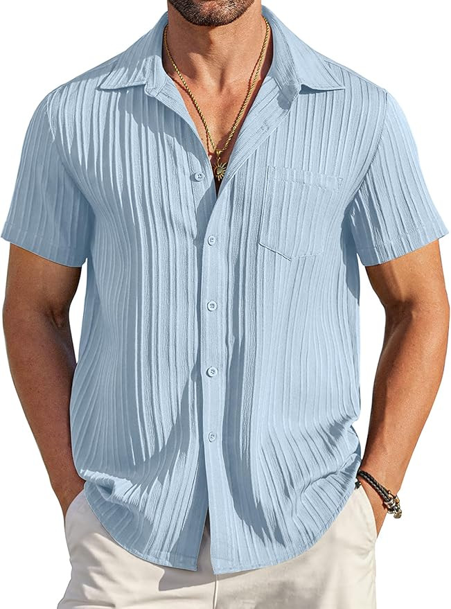 COOFANDY Men's Casual Button Down Shirts Short Sleeve Textured Summer Beach Shirt with Pocket | Amazon (US)