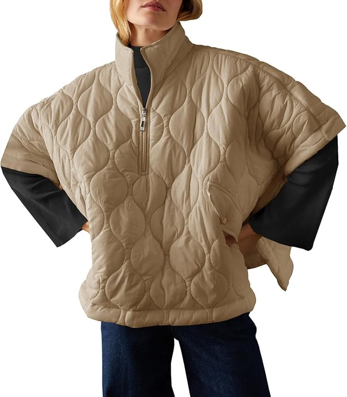 Fazortev Women's Puffer Poncho Pullover Quilted Jacket Short Sleeve Half Zipper Coat Cape Outerwe... | Amazon (US)