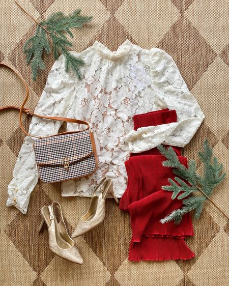 Christmas outfit. Christmas party outfit. Red pants. Lace blouse. Holiday party outfit. Abercrombie outfit. 

#LTKHoliday #LTKSeasonal #LTKxAF