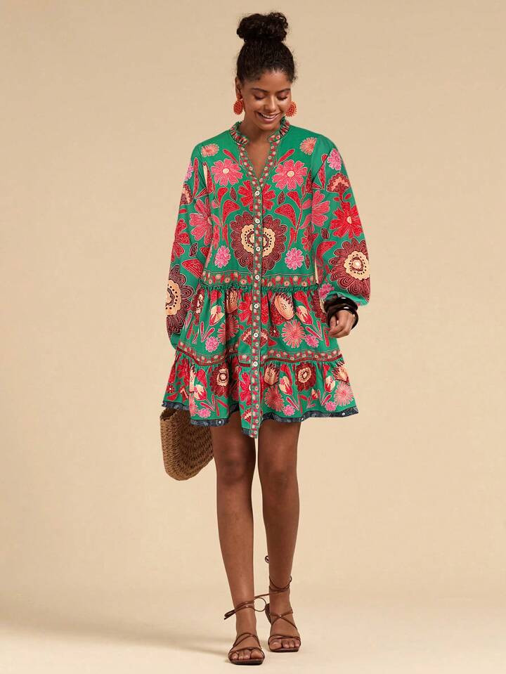 Travachic Printed Loose Smock Dress, Long Sleeve,Mexican Women Dresses,Vacation Casual Dress,Tea ... | SHEIN