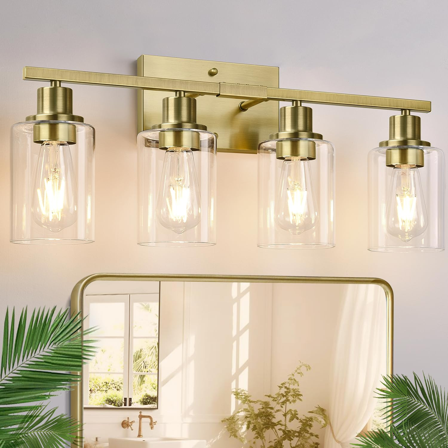 Indoi 4 Light Bathroom Light Fixtures, Brass Vanity Lights for Bathroom with Clear Glass Shades, ... | Amazon (US)