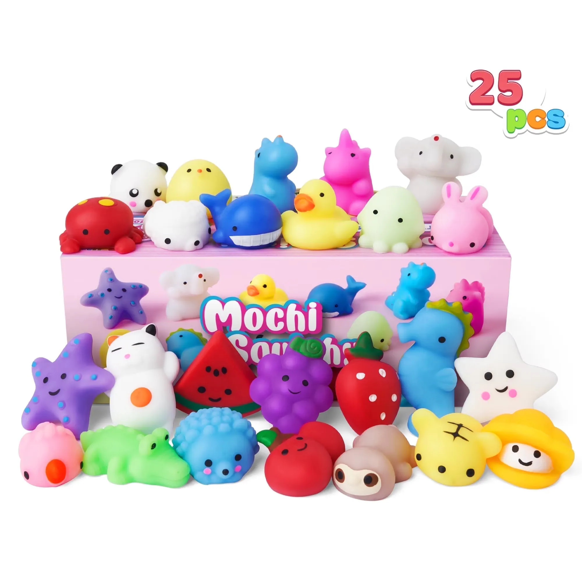 Joyfy 25 Pcs Mochi Squishy Toys for Kids Mini Kawaii Fidget Toys Animals Fruit Stress Relief Toys for Party Favors Classroom Prizes Pinata Filler | Lowe's