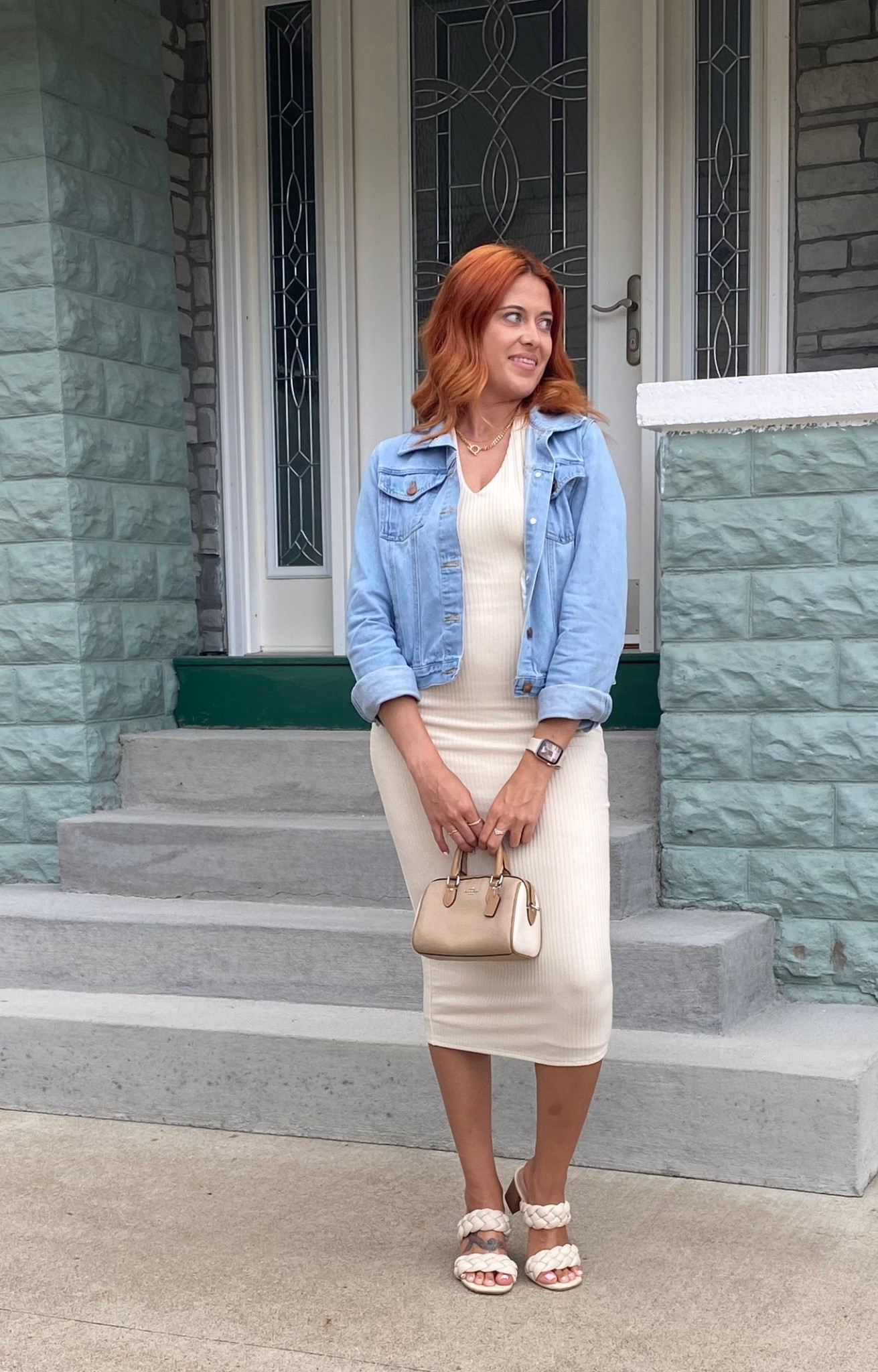 date outfit, casual outfit, denim jacket, cream dress, simple outfit 

 #LTKStyleTip #LTKShoeCrush #LTKItBag