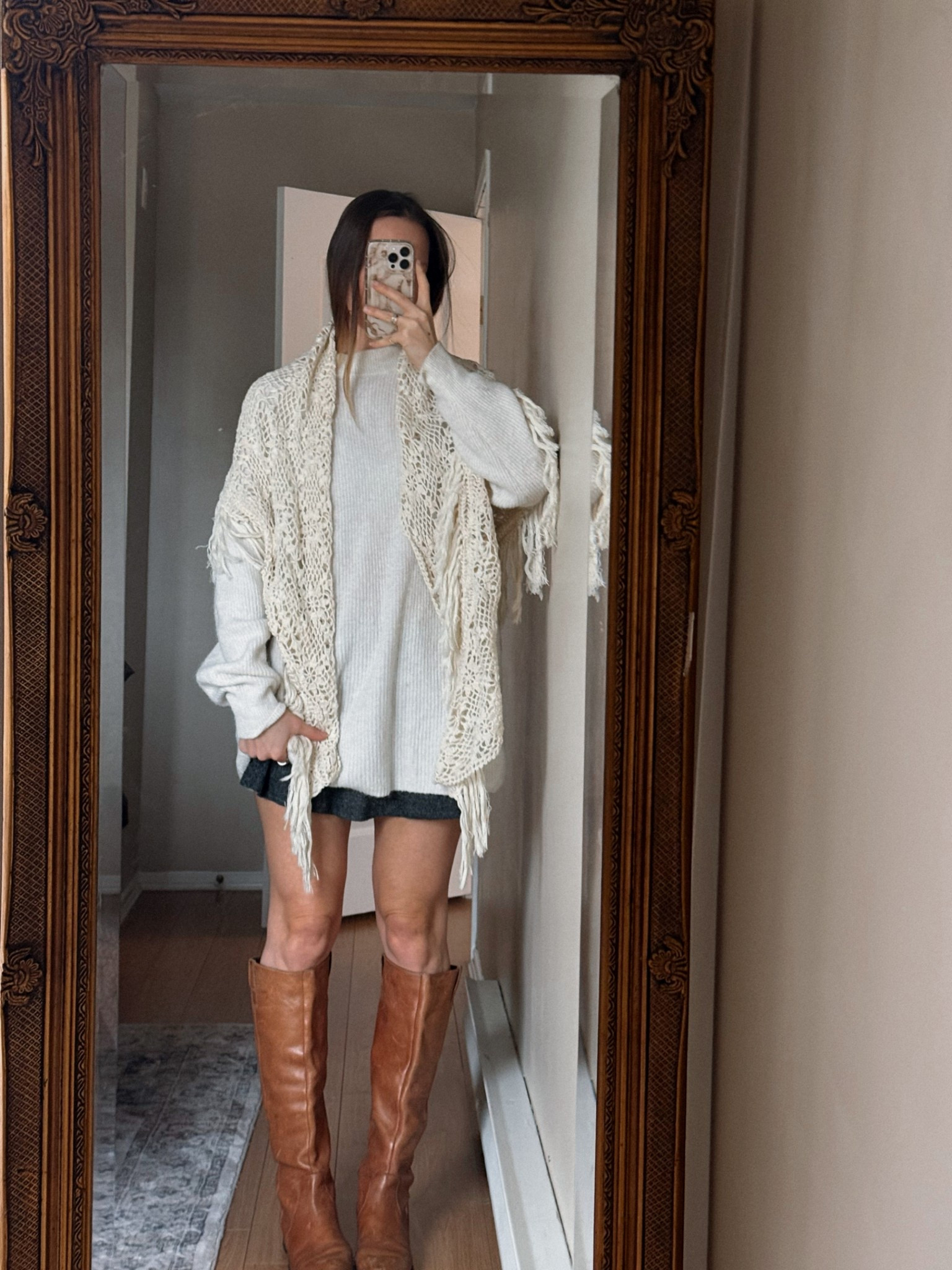 Spring sweater dress outfit with knee high boots 