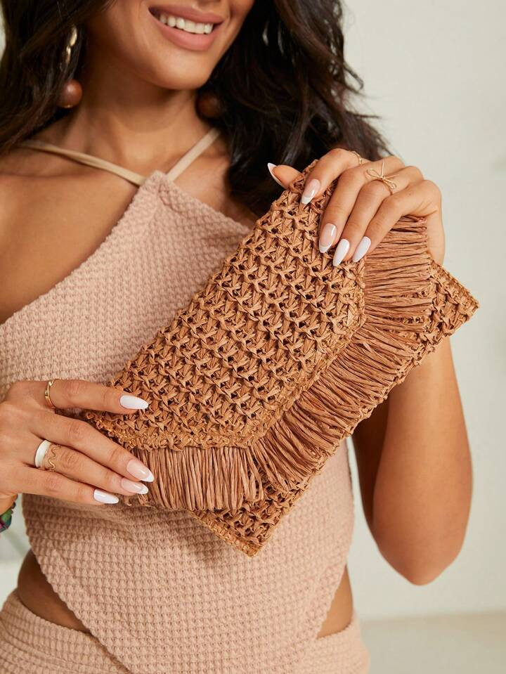 SHEIN VCAY Brown Straw Bag,Woven Bag,Perfect For Summer Beach Travel Vacation,For Outdoor,Holiday | SHEIN