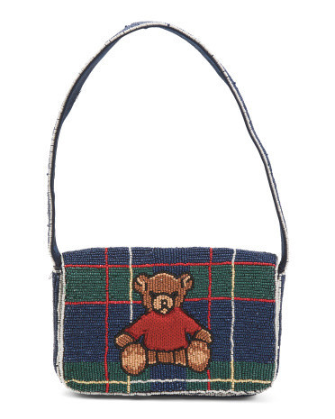 Beaded Plaid Teddy Bear Flap Shoulder Bag For Women, Leather | TJ Maxx