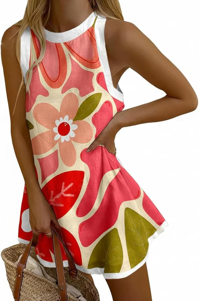 Women's Sleeveless Crew Neck Sardine Print Mini Dress Loose A Line Summer Vacation Beach Party Fu... | Amazon (US)