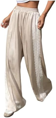SOLY HUX Women's Satin Lace Trim Wide Leg Baggy Lounge Pants with Pockets | Y2k, Elastic Waist, S... | Amazon (US)
