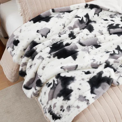 Soft Fluffy Cow Print Rabbit Fur Blanket Double-Sided Plush | Wayfair North America