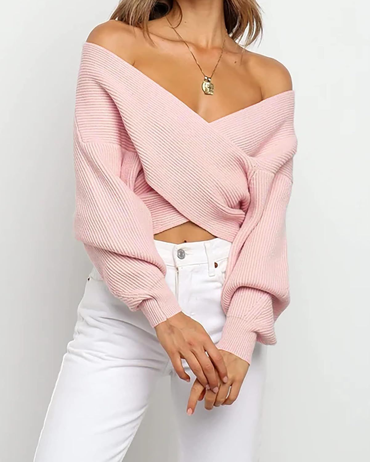 BTFBM Women Casual V Neck Long Sleeve Sweaters Cross Wrap Front Off Shoulder Asymmetric Hem Knitted  | Amazon (US)