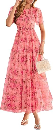 PRETTYGARDEN Tulle Floral Dress Women Summer Wedding Guest 2026 Spring Short Sleeve Maxi Smocked ... | Amazon (US)