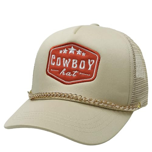 Etdewrio Embroidered Cowboy Trucker Hat Stars Patch Trucker Cap with A Handmade Electroplated Iron Chain Western Rope Mesh Foam Beach Hat for Ladies | Amazon (US)