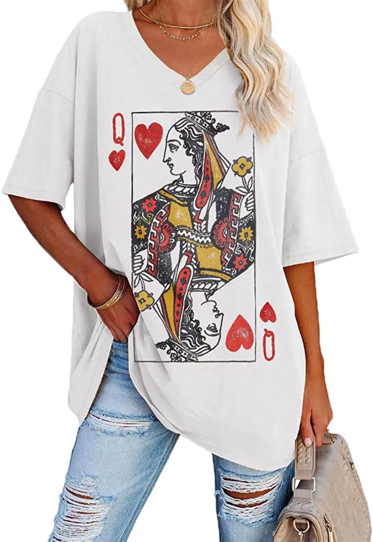 Womens Oversized Queen Of Hearts Graphic T Shirts Casual V Neck Half Sleeve Summer Loose Tees Tun... | Amazon (CA)