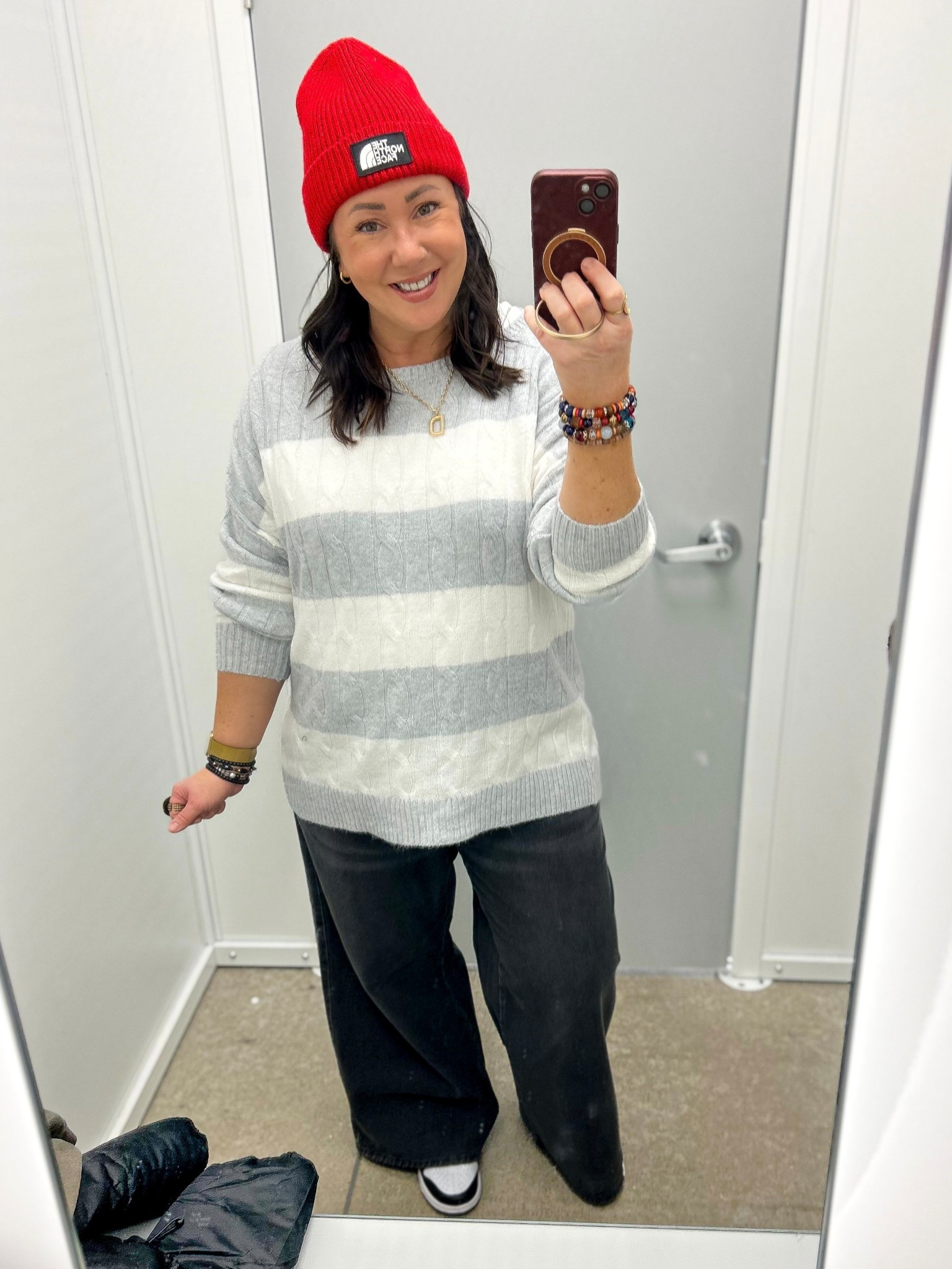 Super soft cable knit sweaters found in the juniors section @walmart! XL for an oversized fit. Could also go with a large for sure. Large wide leg jeans. @nike dunks run true to size  

#LTKMidsize #LTKFindsUnder50 #LTKOver40
