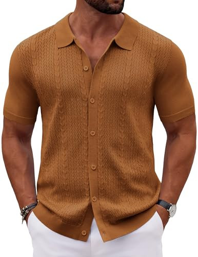 COOFANDY Mens Button Down Shirts Short Sleeve Knit Shirt Summer Shirts Casual Vintage Shirt Light Brown | Amazon (US)