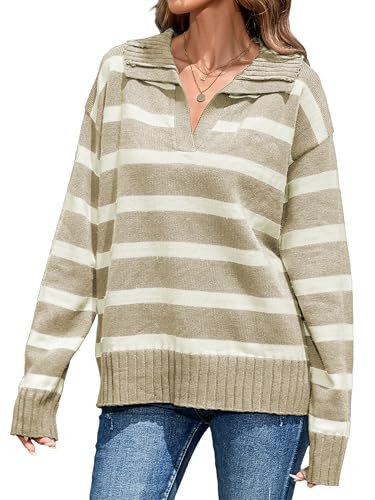 Uyvora Striped Collared Sweaters Oversized Lapel V Neck Polo Relaxed fit Knit Ribbed Jumper Tops Fall Sweaters for Women 2024 | Amazon (US)