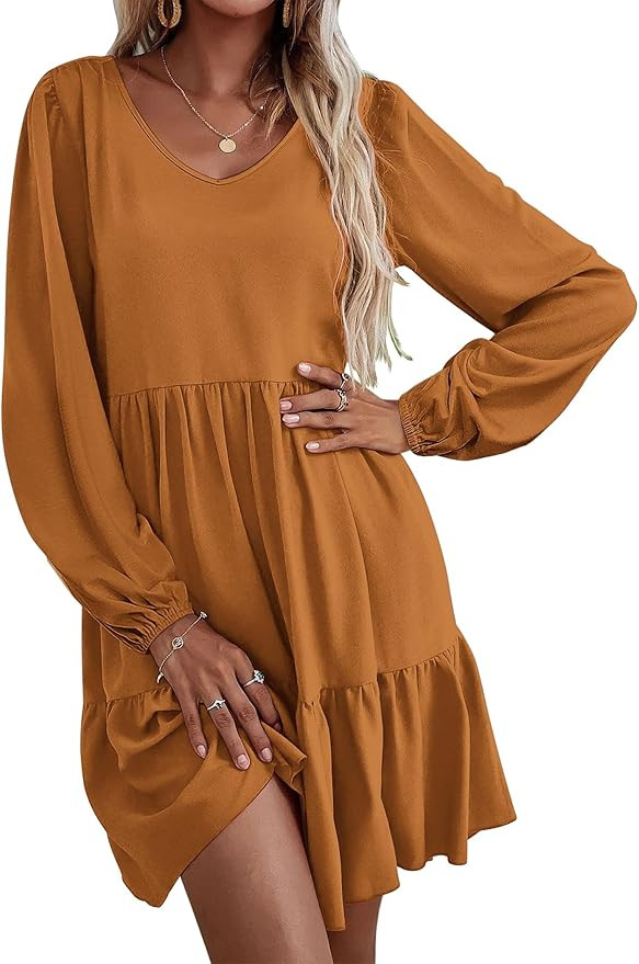 HOTOUCH Women Casual Tunic Dress V Neck Tiered Dress Long Sleeve Fit Swing Shift Dress with Pocke... | Amazon (US)