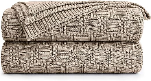 Cotton Khaki Cable Knit Throw Blanket for Couch Sofa Bed with Bonus Laundering Bag – Large 60 x... | Amazon (US)