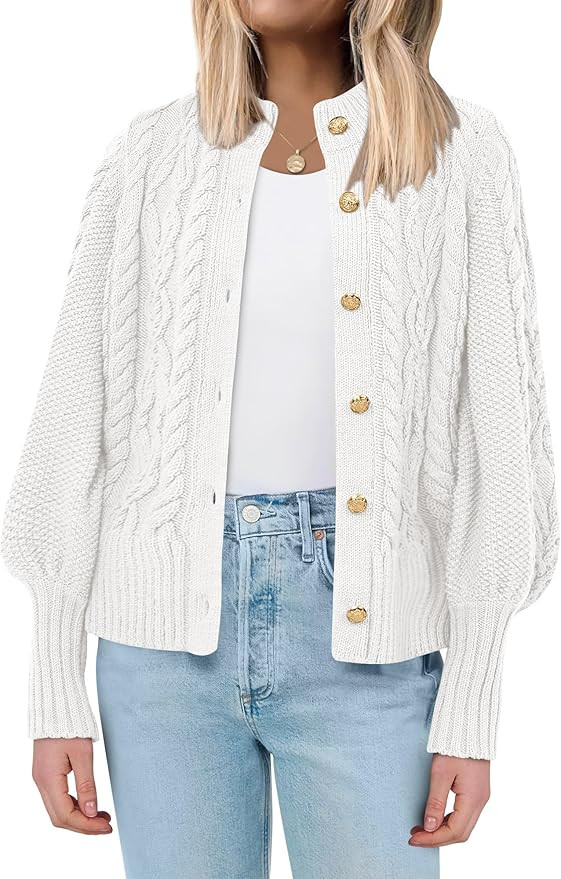 ANRABESS Women Long Sleeve Cable Knit Button Down Open Front Cropped Cardigan Sweater Coat Cute S... | Amazon (US)