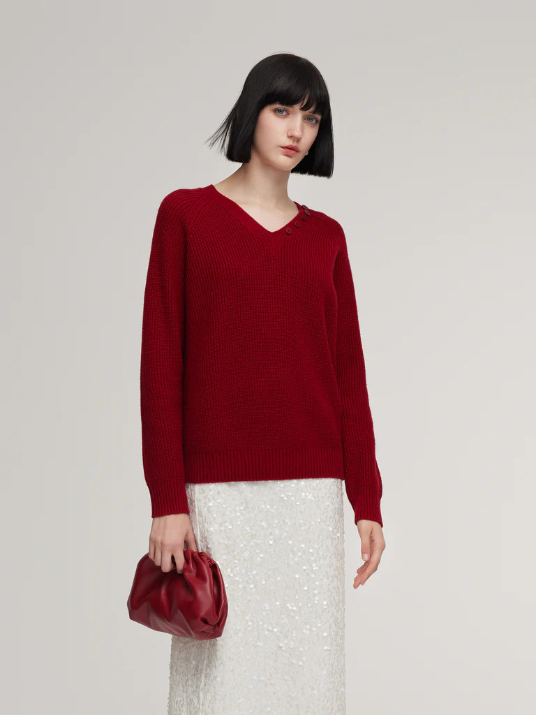 Wool Blend V-Neck Women Sweater With Detachable Scarf | GOELIA