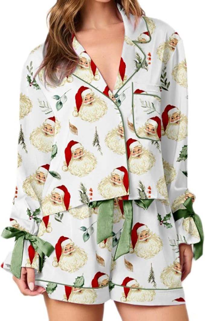 Christmas Pajama Shorts Sets for Women Bow Tie Long Sleeve Button Down Shirt and Shorts 2 Piece L... | Amazon (US)